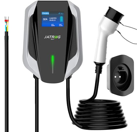 JATRHG Station de Recharge pour Voiture électrique WallBox Borne de Recharge EV Type 2 monophasé 7KW, 32A, avec câble de 10M-Noir/Gris