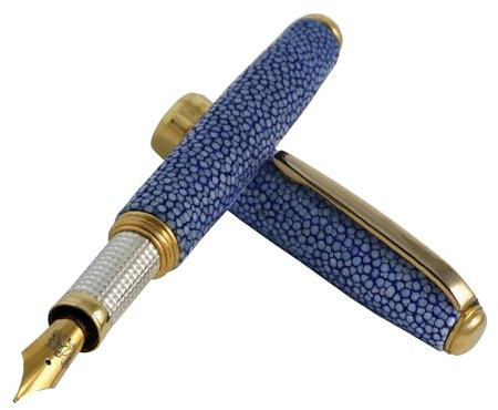 Grifos - Füllfederhalter aus Echtem Rochenleder - Farbe Meerblau - Griff aus Silber 925 - Vergoldete Details aus 18 Karat - Made in Italy - Jubiläumsgeschenk