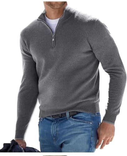 BAWUTZ Men's cashmere zip basic sweater, men's polo shirt, classic, men's V-neck sweater, long sleeves, soft touch, quarter zip (Grau,L)