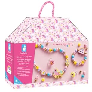 Janod - 4 Holzschmuckstücke zum Selbermachen Regenbogenland - Die Ersten Schmuckwerkstätten - DIY-Schmuckherstellung - Kinderbastelset - Feinmotorik und Konzentration lernen - Ab 4 Jahren - J09129