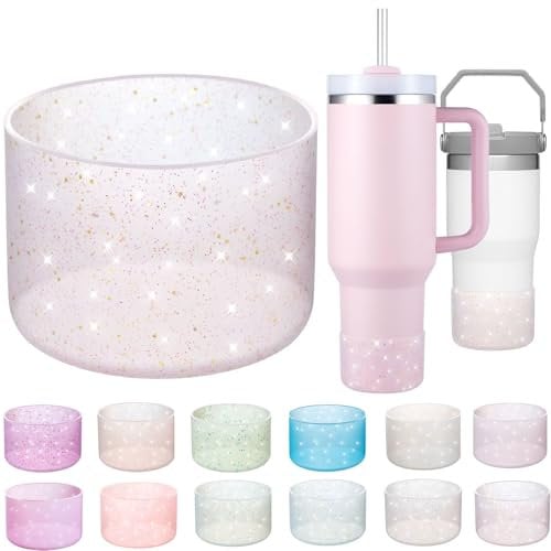 Onlymory Silicone Boot for 30 40 OZ Stanley Cup Accessories, Glitter Boots for Stanley 20OZ 30OZ Tumbler Ice-Flow 16OZ Bottle, Anti-Slip Bling Protector Bottom Cover Sleeve, Clear Gold Purple
