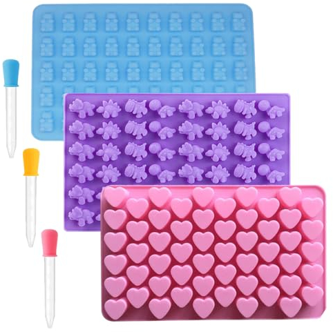 Ositos Gominola Moldes de Silicona para, Moldes para Gominolas, Paquete de 3 moldes de silicona y Oso con 3 Cuentagotas para Hacer Mini Bombones, Chocolates y Chuches