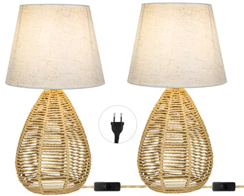 Tischlampe aus Bambus Retro Nachttischlampe mit Stecker und Schalter Dekor E14 Tischleuchte Stoff Schirm und Handgefertigte Gewebte Base Leselampe mit 1.5M Kabel für Schlafzimmer Arbeitszimmer (2)