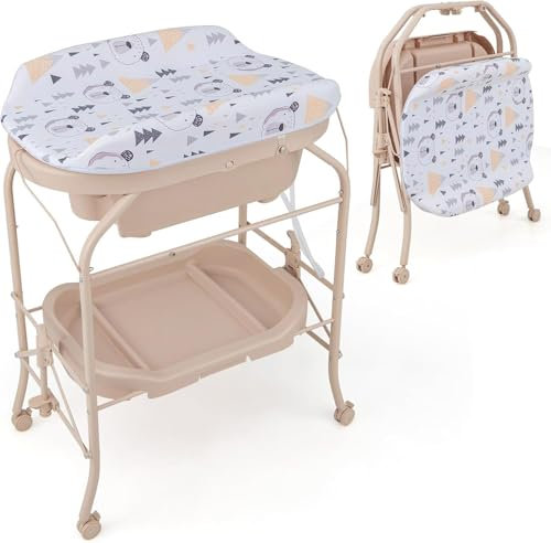 RELAX4LIFE 4 en 1 Cambiador/Bañera Bebe Plegable con 4 Ruedas Universales Bloqueables y 1 Estante, Cambiador Bebe Portátil con Cojín Impermeable, Bañera para Bebé 0-12 Meses, Carga 35kg (Beige)