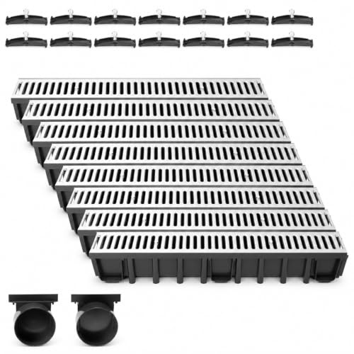 Entwässerungsrinne Set – befahrbar (A15) mit verzinktem Stahlrost | 8 m Länge, Bauhöhe 148 mm | Weitere Varianten: 1–10 m Länge, Bauhöhe 63 mm, 98 mm, 148 mm | Ablaufrinne für Garten, Hof & Einfahrt