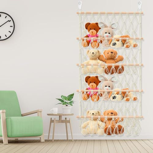 Plush Toy Holder Large-Capacity Vertical Toy Storage Organizer 4-layer Nursery Hanging Storage Hammock Space Saving Stuffed Animals Net for Kids Children Bedroom Door(Beige)