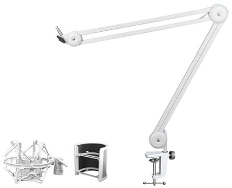 Ohulelks Mic Arm Stand for Recording,Podcasting,Adjustable Suspension Boom Scissor Arm Stand with Filter,Shock Mount White