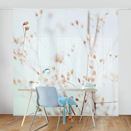 micasia Schiebegardine halbtransparent 60er Paneel Klett Blumen Textil lichtdurchlässig - Gräser Modern Flächenvorhang beige Wohnzimmer Schlafzimmer 2444 (240x250 cm - 4er Set)