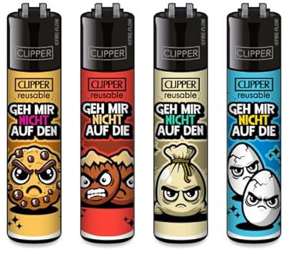 Clipper Feuerzeuge 4er Set Nachfüllbar & Wiederverwendbar Buntes Design Perfekt für unterwegs & Zuhause (GEH Mir Nicht)
