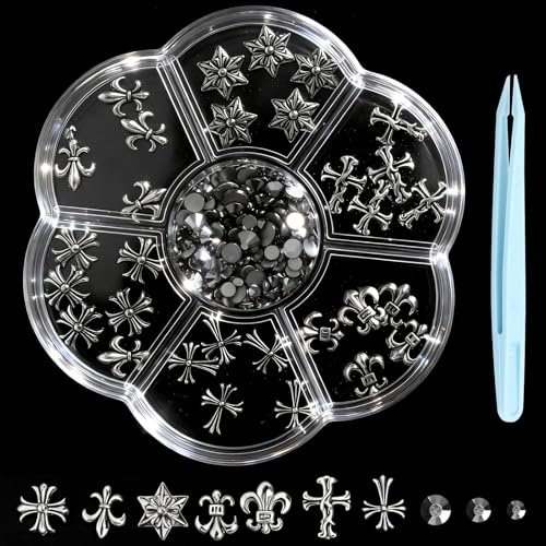 KQDRAVINE 230 Stück Nagel Charms Set Silber, Vintage Nail Art Charms steine, Silver Nagelschmuck & Nagelsteine für Nageldesign, Charms für Nägel, Inklusive Pinzette