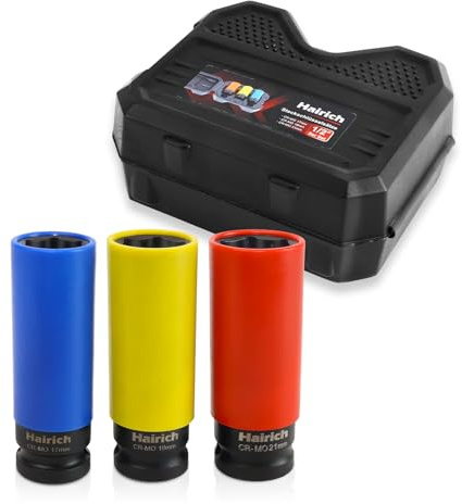 Hairich Schlagschrauber Nüsse 1/2 Set – Steckschlüsselsatz mit Felgenschutz für Radwechsel, 17/19/21 mm Langnüsse, Stecknuss Set für Alufelgen & Reifenwechsel
