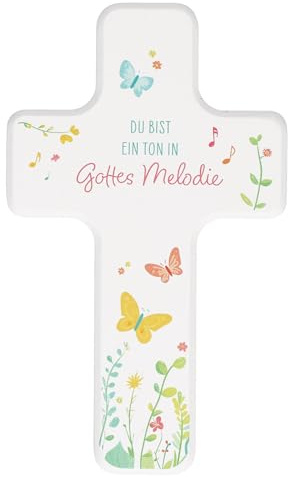 Butzon & Bercker Kinderholzkreuz 18x11 cm - Wandkreuz aus Buchenholz Weiß | Geschenk zur Taufe oder Erstkommunion - inkl. Geschenkverpackung - Mit Segenswunsch: Lieber Gott begleite mich