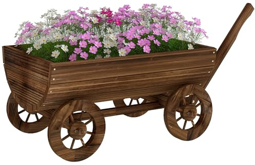 Outsunny Carrito de Madera Decorativa con 4 Ruedas y Mango 115x40x54,5 cm