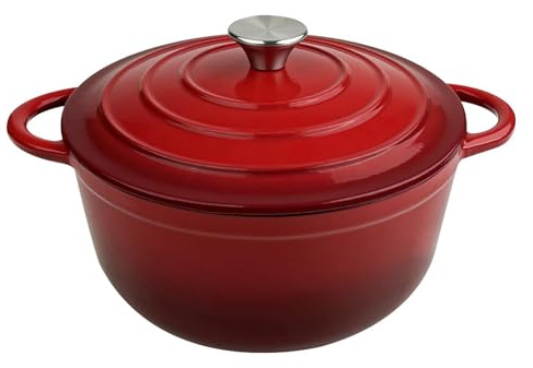 Chiluxendo 25 cm Pentola in Ghisa, Casseruola con Coperchio, Casseruola Smaltata per Adatta a Tutti i Piani Cottura, Cocotte in Ghisa per Stufato e Arrosti Lenti(Rossa)