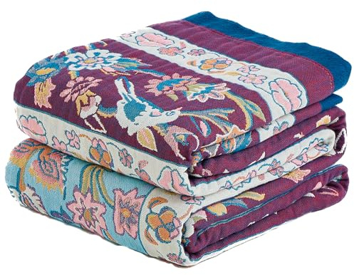 HOORDRY Musselin-Decke Baumwolle Sofadecke 200x230CM | Doppelseitig Boho Tagesdecke,Leicht Bettüberwurf mit Retro Blumenmuster,Weich und Atmungsaktiv TV Decke,Couch Überwurf