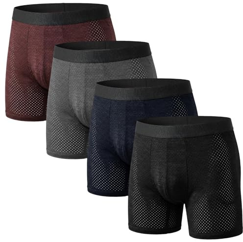 Hellomamma Boxer Homme Calecon Long: sous-Vêtement Boxers Anti Frottement Respirant en Maille Confortables sans Étiquette pour Sport Running Fitness Lot de 4