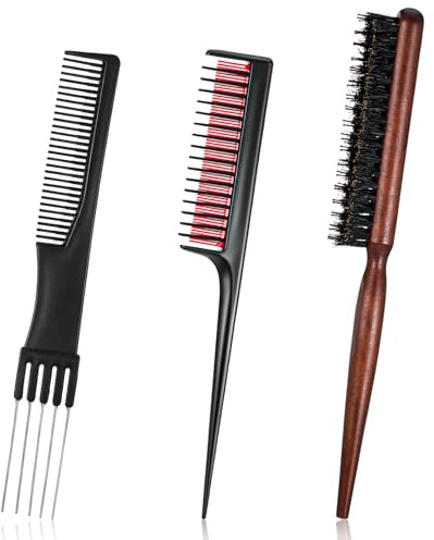 3 Pcs Teasing Combs for Women, Backcombing Comb | Boar Bristle Teaser Brushes for Women and Men, Teaser Combs with Rat Tail for Root, Hairs Styling Comb for Hair Volume