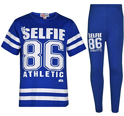 A2Z 4 Kids Girls Top Kids Designer's #Selfie 86 Athletic T Shirt Top & Legging Set - Royal Blue - 11-12 Years