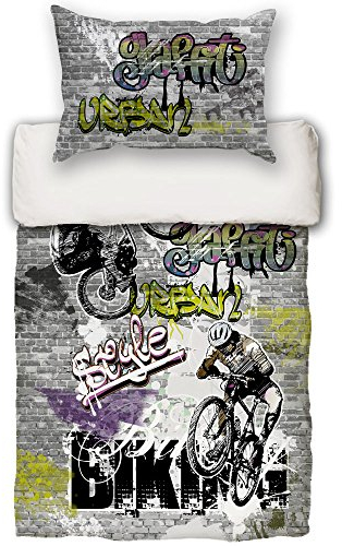 beties Graffiti-Move Jugend Wende Bettwäsche-Set ca. 155x220/80x80 cm digitaler Biking Cool feinste Baumwolle Graphit