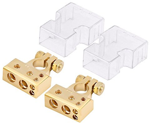 Battery Clamp, Positive Negative Battery Terminal Clamp Clips Connector with Protection Cover for 0/1 2 4 8 AWG Gauge(Gold)