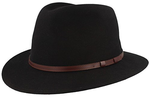 Breiter Outdoor Filz-Hut - Trekking Wollhut Aus 100% Wolle - Wasserabweisend & Faltbar - Mit Ledergarnitur - Schwarz 55