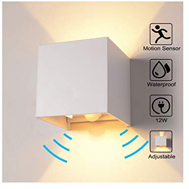 Audor Wandleuchte Bewegungsmelder Aussen/Bewegungsmelder Innen LED Wandlampe, 12W Warmes Licht Wasserdicht Verstellbare Aussenlampe, Wandleuchte Sensor für Garten/Flur/Weg Veranda Hell (Weiß)
