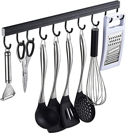 Z·Bling Hakenleiste Küchenhelfer Hängeleiste 10 Haken ohne Bohren,Selbstklebender Kleber,Aluminium,Schwarz Finish(50cm)