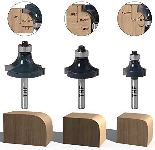 TXHF 3pcs 1/4 Shank Round Over Router Bits Cutter with Ball Bearing, Rounding Corner Edge-Forming Milling Cutter for Woodworking 1/4, 3/8, 1/2 Radius