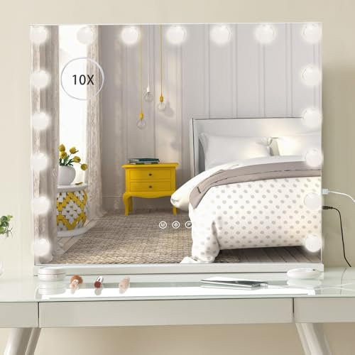 LIANWANG Hollywood Makeup Mirrors Large Vanity Mirror with Lights, Dimmable LED Bulbs with Touch Control & USB Ports, Cosmetic Tabletop Mirror for Bedroom Dressing Room (60 * 50cm)