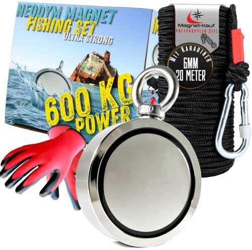 Neodym Magnetangel Set - 94mm - 600KG Zugkraft - Bergemagnet Magnetfischen Komplettset mit 20m Seil Wasserfeste Handschuhe für Magnet Fischen