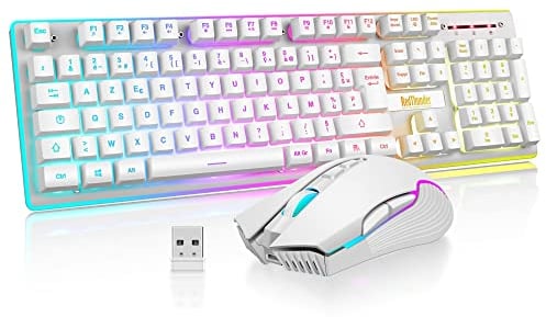 RedThunder K10 Ensemble Clavier et Souris sans Fil Gamer Rétroéclairé, AZERTY FRANÇAIS, 2,4 GHz Connexion + 3800mAh Batteries Rechargeables, Souris Gaming 3200DPI pour PC Mac PS5 Xbox(Blanc)