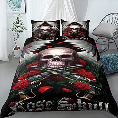 domorebest Replacement Skull Bedding Duvet Cover 3D Skull Guns and Roses Duvet Cover Set Microfiber Bedding Set with 2 Pillowcase 200x200cm (3Pcs)
