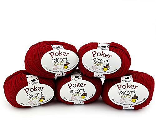 Poker by Tricot Cafè - Filato pura lana merinos ideale per i lavori ai ferri lana per uncinetto gomitolo morbidissimo irrestringibile alta qualità Made in Italy - 5 Pezzi - Rosso 228