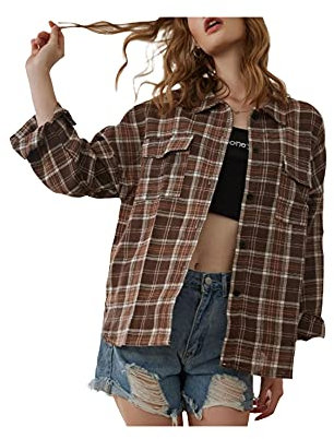 Aurlust Chemise à carreaux pour femme - Décontractée - Tendance - En flanelle - Col rabattable - Oversize - À carreaux - Pour femme, café, M