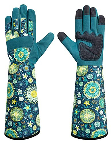 HODUP Guanti da giardinaggio da donna, lunghi con stampa floreale, per potatura di cactus e rose da giardino, a prova di spine, traspiranti, con touch screen (medio, denti di leone)