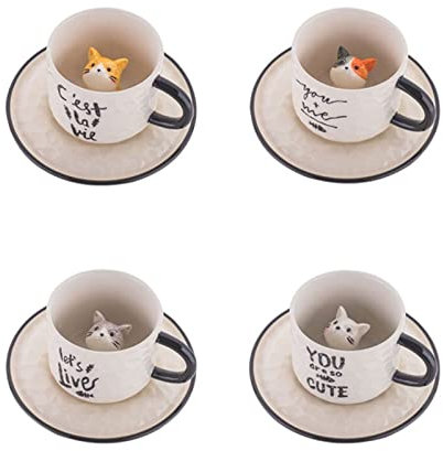 ZXMJYHK Adorable 3D Gatito gatito Taza y salsa Coffee Coffee Cubertery Ceramic Hecho a mano Tea Tea Set Lindo Amor Cat Regalo (Color : C)