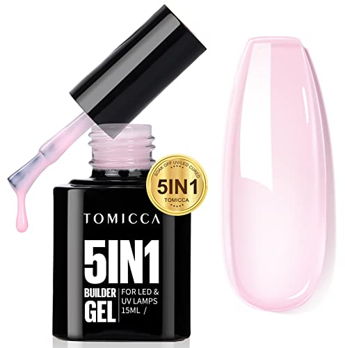 TOMICCA 5 in 1 Builder Gel für Nägel, 15ml Rosa Builder Nail Gel, UV/LED Gel Nägel Gummy Base Aufbaugel für Gelnägel, Nagelverlängerung Reparatur, Nagelstärkung