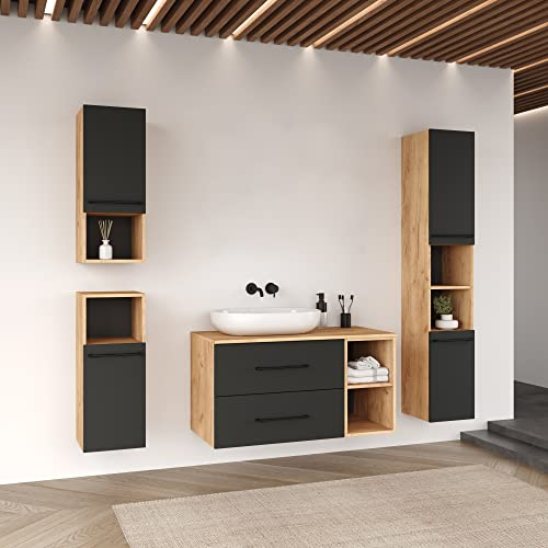 Planetmöbel Meubles de Salle de Bains Ensemble Complet Meubles de Salle de Bains, Ensemble Complet 4 pièces 100cm, dans Les Couleurs chêne doré/Anthracite