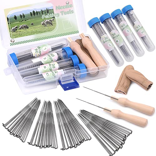 Benlay 63PCS Nadel Filznadeln Mit Hölzernen Griffen, Wolle Filzen Werkzeugsatz Mit 60PCS Nadelfilzen 2-Einzelfilz Nadelgriff Fingercots, 4-Größen Filznadeln Passend Für Verschiedene Filzprojekte