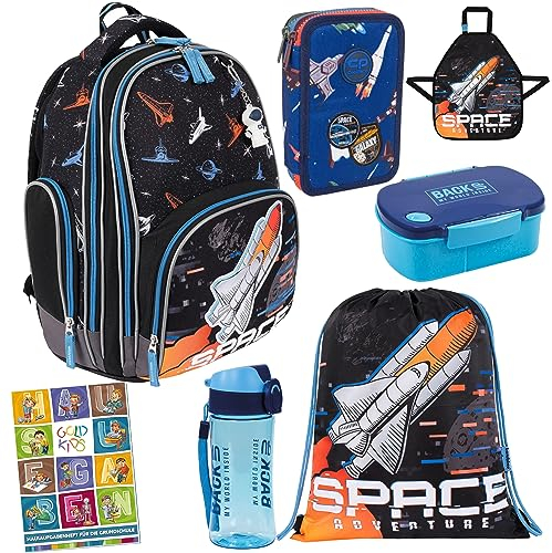 Goldkids Space Weltraum 7er Set Schulranzen Ranzen Tornister Federmappe Turnbeutel Schürze Trinkflasche Brotdose Aufgabenheft für die Grundschule ab der erste Klasse