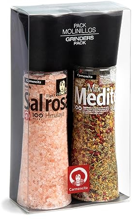 CARMENCITA - Pack 2 Molinillos Gigantes | Sal Rosa del Himalaya | Mediterranean Mix | Sazonador natural para carnes, pescados, verduras, ensaladas | Sal marina mediterránea con especias | 560 g