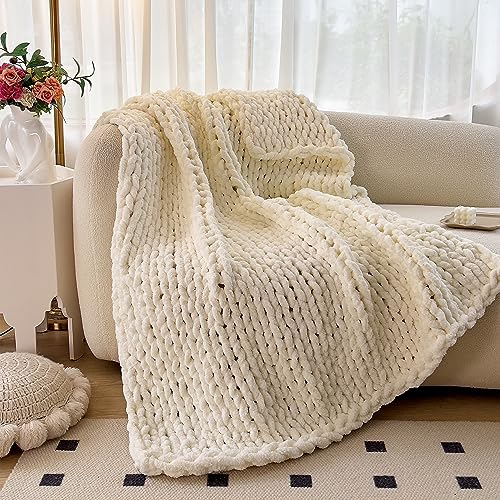 Cream White Chunky Knit Throw Blanket 100% Handmade Knitted Blanket Ultra Soft Chenille Yarn Knit Throw Blanket Thick Cable Knit Blankets for Couch Bed Sofa 50X60 (50X60 Inch, Cream White)