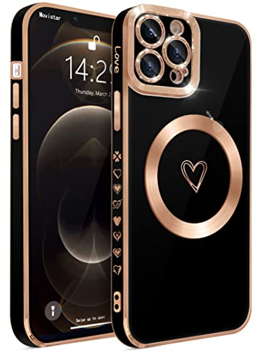 HZLFCZL Magnetisch iPhone 12 Pro Max Hülle Kompatibel mit Magsafe Süße Herz Mädchen Handyhülle Luxuriös Galvanisierte Weich TPU Stoßfest Dünn Kameraschutz Phone Case für iPhone 12 Pro Max-Schwarz