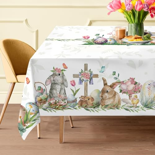 cusugbaso Oster-Tischdecke, 132 x 178 cm, Florale Osterdekorationen für Zuhause, wasserabweisend, Blumenmuster, rechteckig, für Party, Tisch, Außenbereich