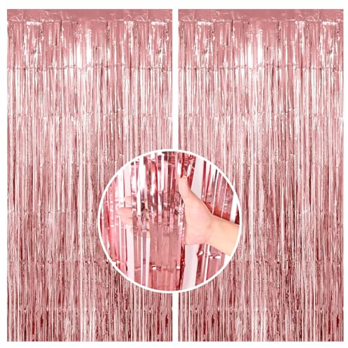 Lametta Vorhang Roségold, 2 Stück Metallic Folie Fransen Lametta Vorhänge, Streamer Tinsel Curtain Photo Booth Backdrop für Mädchen Geburtstag Babyparty Abschlussfeier Hochzeit Partydeko(1m x 2m)