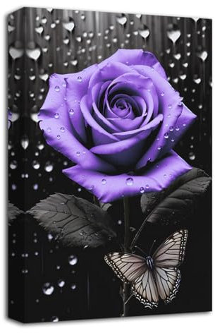 LZIMU Rosen Leinwandbild Badezimmer Dekoration schwarz weiß lila Blumen mit Schmetterlings Kunstdrucken abstrakte Rosenblumen Bild (C, 30.00 x 45.00 cms)