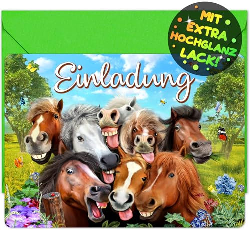 12x Pferde EINLADUNGSKARTEN KINDERGEBURTSTAG Mädchen Junge + 12x Umschläge - die Pferde-Selfie PARTY Karten sind die Pferde EINLADUNG für Mädchen Jungen Kinder GEBURTSTAG Einladung Pferde Reiten
