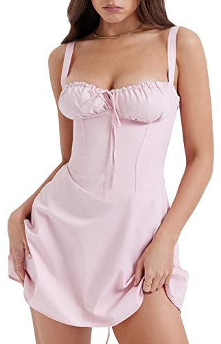 Siyova Abito Donna Corto Estivo Casual Tinta Solida Mini Abito Senza Maniche Senza Schienale Vestito Corto Elegante Party Club con Lacci alla Vita (Rosa, S)