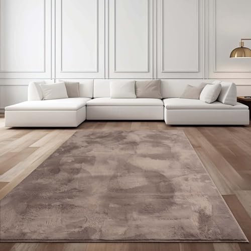Taracarpet Fellteppich Kunstfell Teppich Waschbar, Hasenfell Imitat, Kaninchenfell, Kurzfell | Flauschiger Teppich Wohnzimmer, Bettvorleger Schlafzimmer, Teppich Fell Taupe 200x290 cm