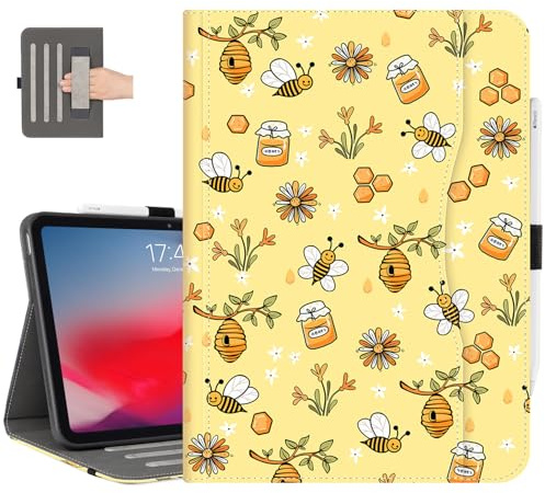 Vimorco Schutzhülle für iPad (A16) 11. Generation 2025, für iPad 11. / 10. Generation, Stifthalter mit Handschlaufe und Tasche, mehrere Ständer, PU-Leder, automatische Wake/Sleep-Funktion, gelbe Biene